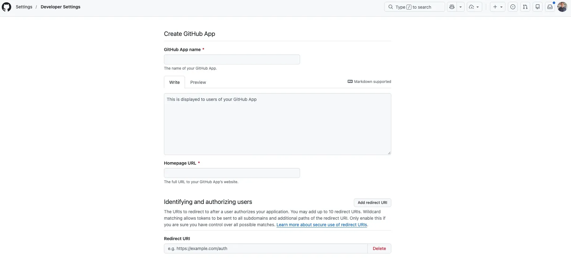 GitHub page for creating a GitHub App